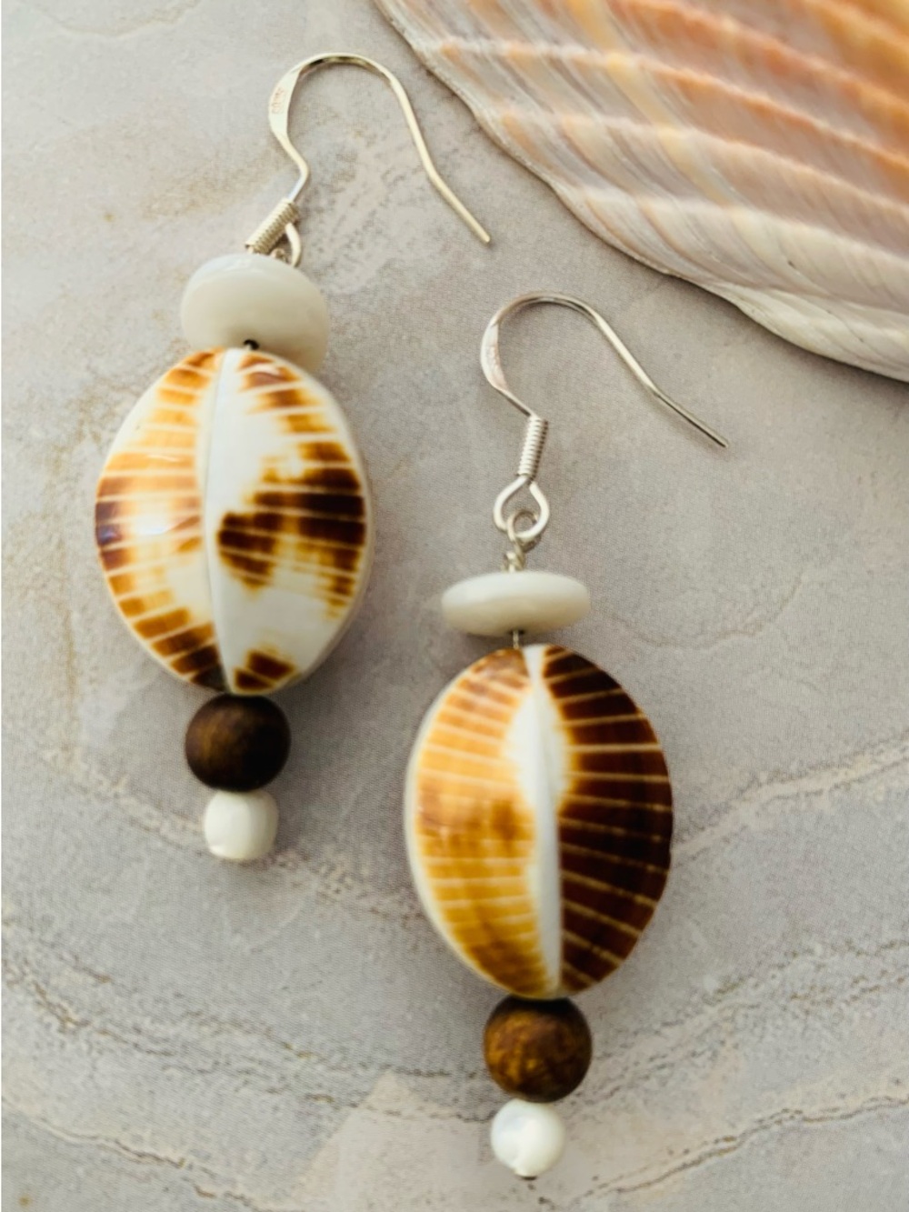 Cowrie Shell Hand crafted Drop Earrings 925 Hooks